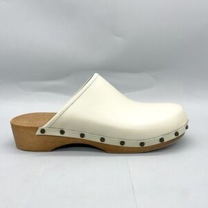 M Gemi Womens 41 10 Clogs Mules Ivory Leather Wooden Heel Studded Comfort SlipOn